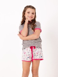 BABY DOLL INFANTIL BLUSA LISA SHORT ESTAMPADO DETALHE POMPOM